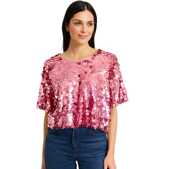 A New Day Women's Short Sleeve Paillettes Pink Sequin Short Sleeve Top NWT - Picture 1 of 8